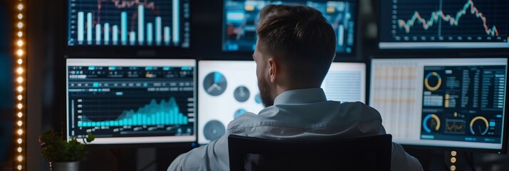 A businessman analyzing stock market data on multiple monitors in an office setting, showcasing various charts and financial information.
