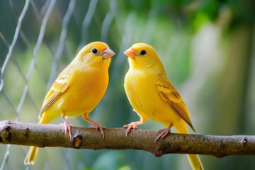 Fototapeta premium A Pair of Golden Canaries in a Birdhouse: A Warm and Cozy Avian Abode Celebrating the Joy of Pet Companionship.
