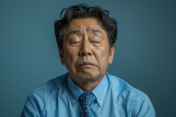 Fototapeta premium A man in a blue shirt and tie is looking away from the camera. He is tired or sad
