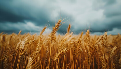 Fototapeta premium field of golden wheat sways gently in the wind, a dramatic sky above