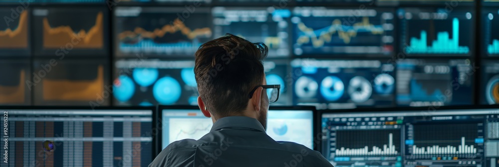 Poster an individual tracking financial statistics and market graphs on multiple monitors in a professional
