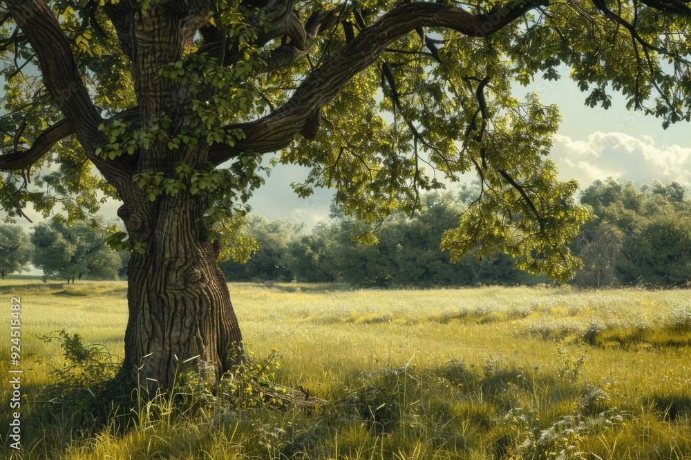 Poster A large tree stands tall in a lush green grassy field with trees in the background