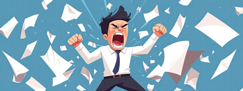 Frustrated cartoon businessman ripping contract apart furious character tossing crumpled paper experiencing a work meltdown shouting in anger stress release