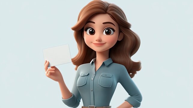 3D Cartoon Woman Holding a Business Card