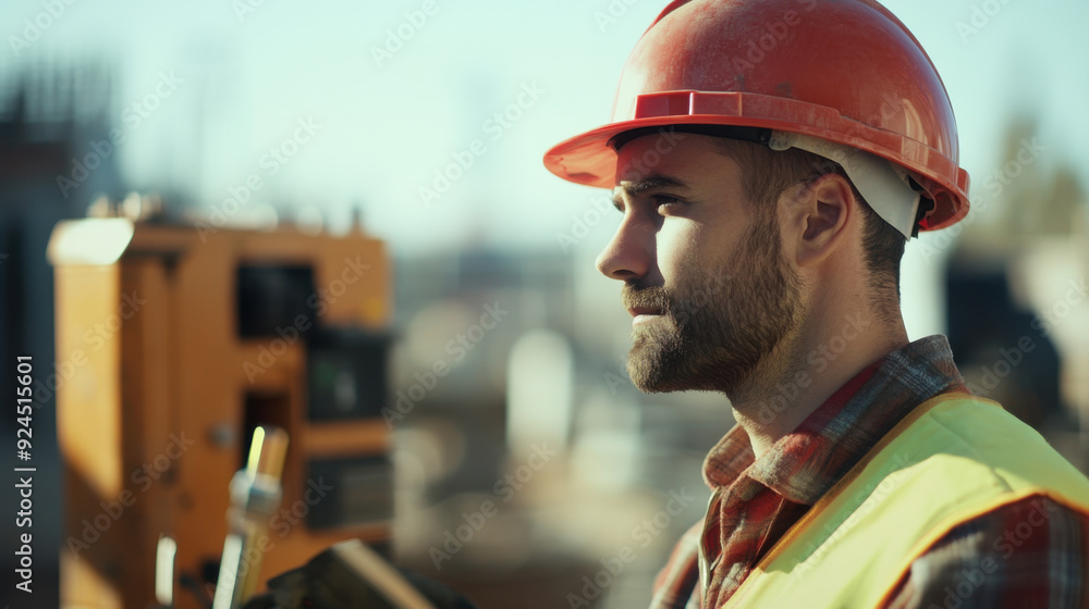 Poster engineer in a hard hat, checking measurements with a laser level on a construction site