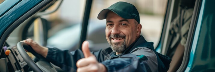 A cheerful driver sitting in a vehicle, smiling and giving a thumbs up gesture, conveying satisfaction and approval.