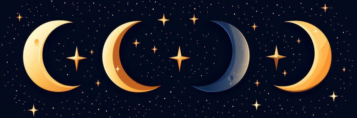 Naklejka premium Celestial moon phases, glittering stars, night sky wonder, ethereal light