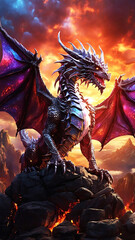 A majestic dragon soaring through a fiery sky, its iridescent scales glinting in the sunlight