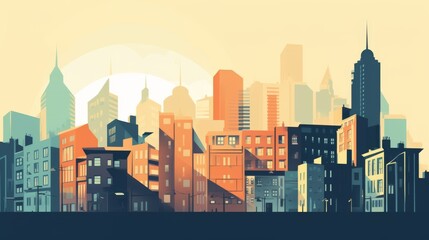 A city skyline with a sun in the background