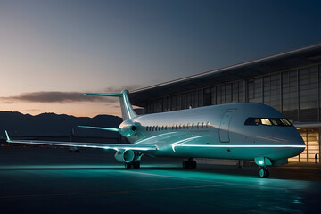A futuristic electric airplane charging at an airport