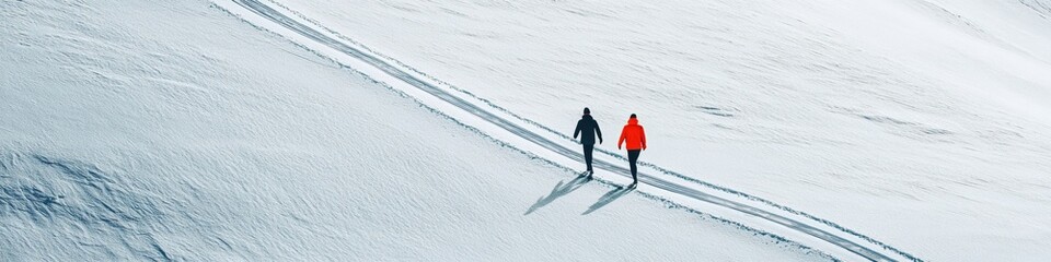 Enchanting Anime-Style Winter Wonderland: Aerial View of Two Figures Traversing Snowy Path. Whimsical Orange and Black Forest Landscape for Creative Marketing, Game Books, and Seasonal Nature Art. Dre