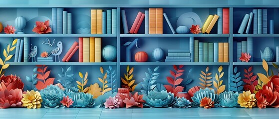 A detailed papercut illustration of a classroom with bookshelves filled with paper cutout books. 