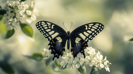 Black and White Butterfly on White Flowers.