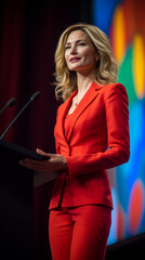 Naklejka premium confident businesswoman in red suit, public speaking, podium, formal event, professional setting, leadership, business presentation, vibrant background, corporate conference, poised expression