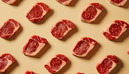 Fototapeta premium flat lay of raw beef steaks arranged in a repeating pattern on a beige background