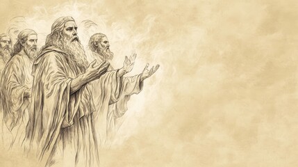 Fototapeta premium Faith-Inspired Biblical Illustration: Saul Anointed King, Spirit of the Lord Comes Upon Saul with Prophets, Prophesies, Beige Background, Christian Artwork, Prophecy Scene