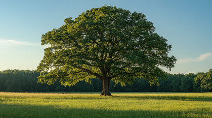 Big giant tree in open field, professional photo, vibrant green leaves, clear sky background, towering and expansive.