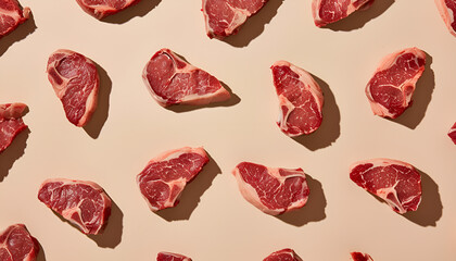 Fototapeta premium flat lay of raw beef steaks arranged in a repeating pattern on a beige background