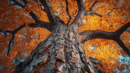 Enormous tree in autumn, professional photo, vibrant fall colors, detailed bark texture, towering and serene.