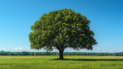 Big giant tree in open field, professional photo, vibrant green leaves, clear sky background