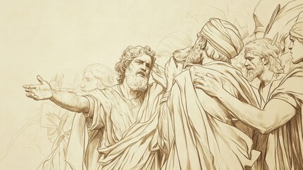 Fototapeta premium Faith-Inspired Biblical Illustration: Saul Anointed King, Saul Hiding Among Supplies, Presented as King, Beige Background, Christian Artwork, Revelation Scene