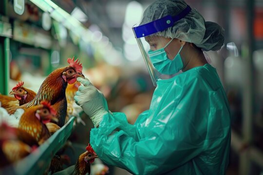 A woman wearing a protective suit holds a chicken, possibly for poultry inspection or vaccination