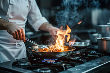 Hands of a chef preparing a flambé dish by lighting a pan in a restaurant kitchen. 