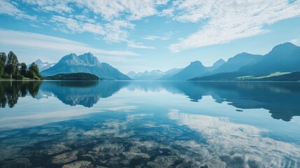Naklejka premium Mountain reflection on clear lake water.
