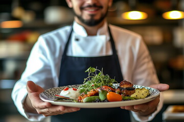 A close-up of the chef holding out a plate of food to the camera. Wearing a white uniform and apron.