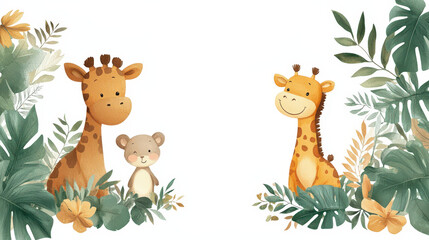 A baby shower invitation card, safari theme, adventurous design, green and brown, isolated on white background