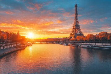 Obraz premium A beautiful sunrise or sunset scenery with the maple trees along the Seine and the iconic Eiffel Tower in Paris as a backdrop. Travel background of Paris, France.