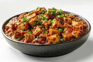 A bowl of spicy tofu dish garnished with green onions.