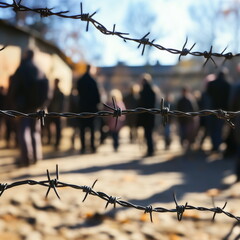 Blurry silhouettes of people behind barbed wire. People imprisoned in a concentration camp. Social issues, human rights, war, refugees, isolation, suffocation, oppression, resistance, struggle.