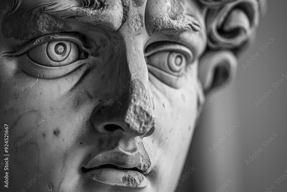 Poster A close-up view of a statue depicting a human male face, suitable for use in art-related projects or as a symbol