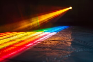 Single beam of rainbow-colored light on a black background, styled as a photonegative refractograph, showcasing vibrant and dynamic colors.