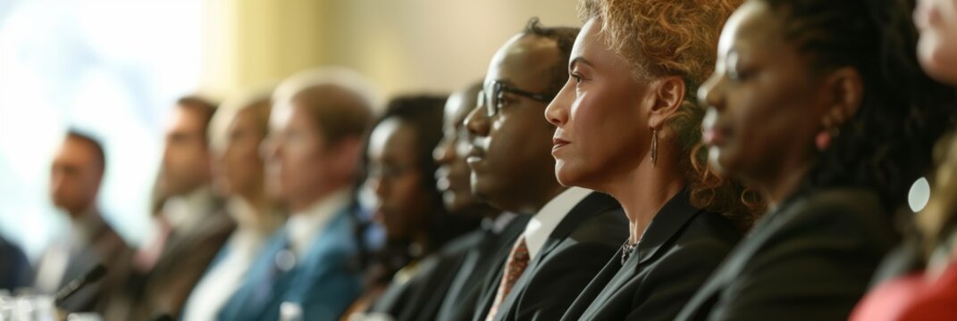 A diverse group of people attentively listening to a speaker in a conference hall setting, reflecting engagement and participation.