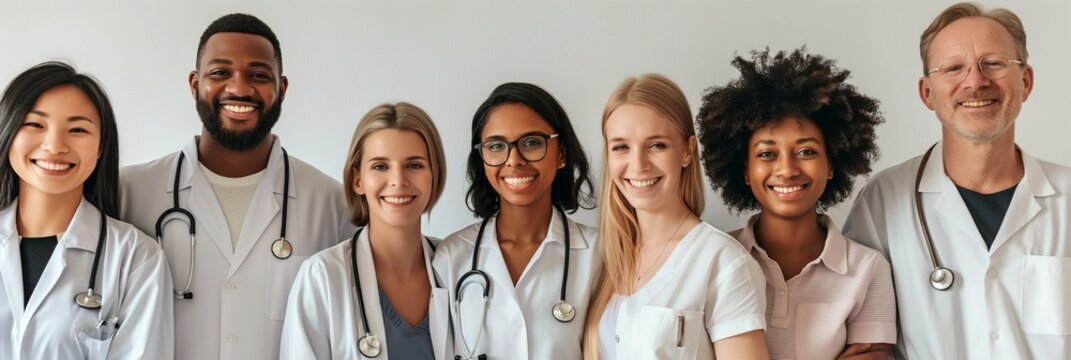 A diverse group of healthcare professionals including doctors and nurses standing side by side, wearing their white coats in a clinical setting.