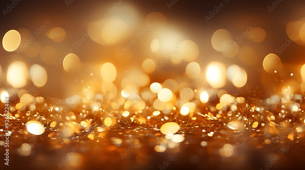 Poster abstract gold background with gold particles and sequins and light bokeh