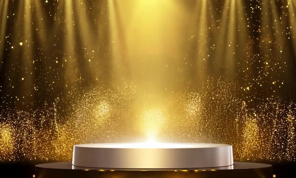 A luxurious golden stage adorned with glittering lights and sparkling particles. Elegant award ceremony celebrating