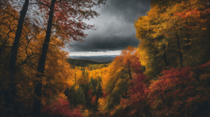 forest in the autumn season, beautiful nature, rainy weather, cloudy