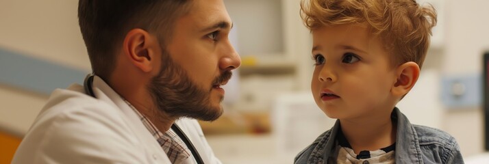 A doctor and a child share an attentive moment in a clinic setting, emphasizing care, trust, and professional medical service in a modern clinic.