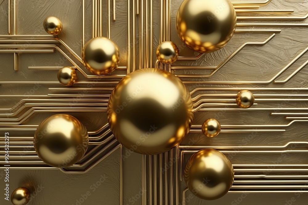 Poster dynamic tech design featuring smooth gold spheres and lines
