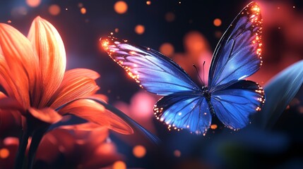 Whimsical garden, fairies with glowing wings, vibrant flowers, magical atmosphere