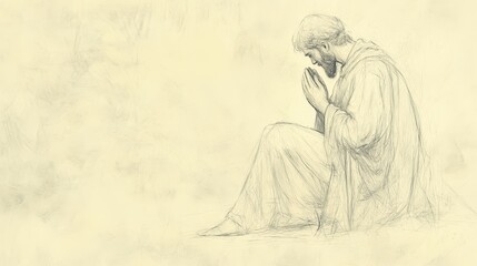 Fototapeta premium Faith-Inspired Biblical Illustration: Hannah's Prayer and Samuel's Service, Samuel's Earnest Prayer Before the Lord, Beige Background, Christian Artwork, Devotion Scene