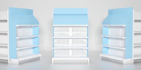 Superstore product display shelf end cap with header and side branding area. 3D Illustration © Asad