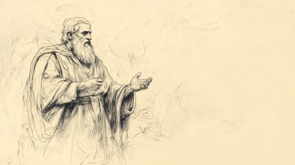 Fototapeta premium Faith-Inspired Biblical Illustration: Saul Chosen as King, Lord Reveals to Samuel Saul Is Chosen One for Israel, Beige Background, Christian Artwork, Revelation Scene