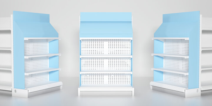 Superstore product display shelf end cap with header and side branding area. 3D Illustration