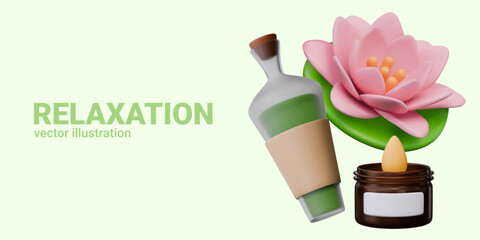 Set of 3D objects for relaxation concepts. Glass bottle with cork and green liquid, lotus, candle