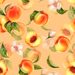 Seamless peach pattern with tropic fruits, leaves, flowers background.