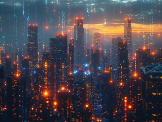 A futuristic city skyline with glowing lines connecting buildings, symbolizing urban connectivity and business. 